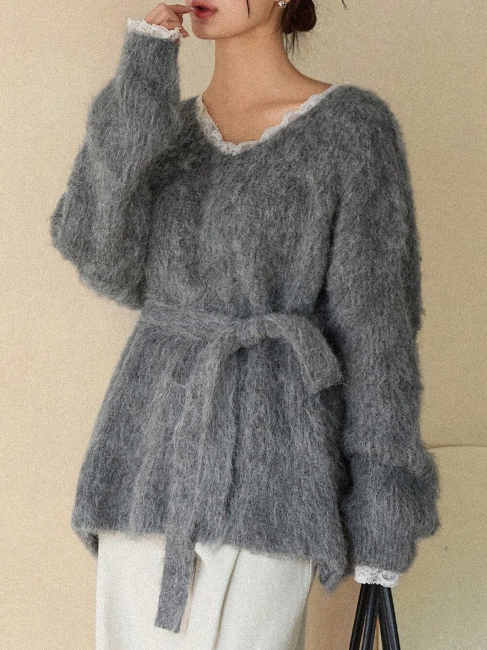 Grey Casual Women's V-Neck Long Sleeve Loose Fuzzy Sweater - Picture 4 of 9
